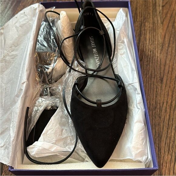 NWT Stuart Weitzman Black Suede Gilligan Ankle Wrap Ballet Flat - Picture 4 of 7